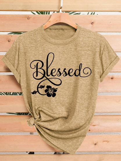 Women's Casual Short Sleeve T-Shirt - Blessed Floral Print Retro Style, Soft Stretch Round Neck Top, Machine Washable All-Season Comfort, Multi-Color Options S-XXL, Ladies T Shirts