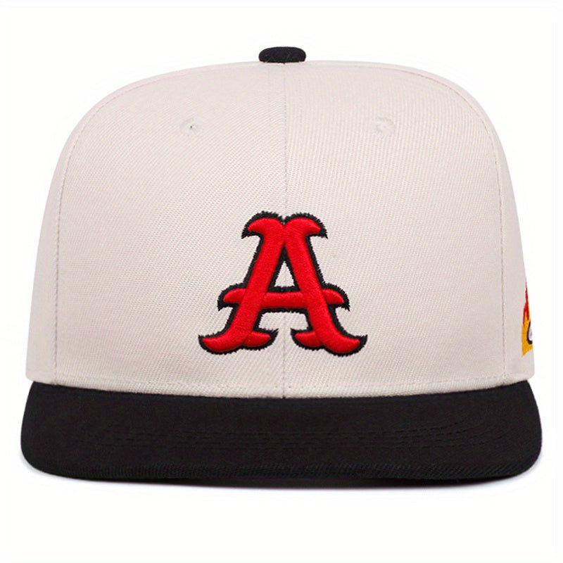 [Lightweight Design] Stylish Snapback Caps with Red 'A' Emblem & Flame Motif - Sporty Design, Trendy Appeal, Polyester Material, Black & White Color Scheme, Casual Headwear | Trendy Snapback | Durable Headgear