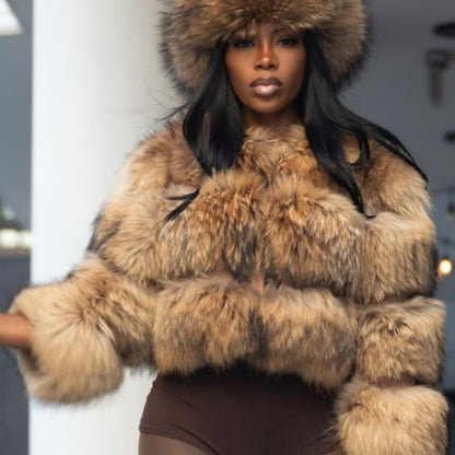 GlOURI Women's Brown Faux Fur Cropped Jacket - Luxurious Plush Oversized Vegan Coat, H-Line Short Winter Jacket for Parties, Evening Events & Streetwear | Hand Washable Non-Stretch Outerwear