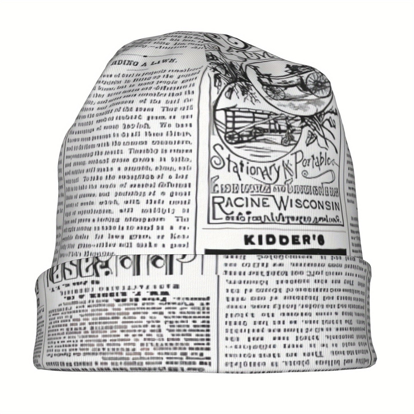 Vintage Newspaper Print Soft Knit Beanie Hat for Men & Women - Funky Style, Stretchy & Comfortable Ski Cap, Hand Washable, White with Black Text Design, Winter Hat