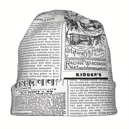 Vintage Newspaper Print Soft Knit Beanie Hat for Men & Women - Funky Style, Stretchy & Comfortable Ski Cap, Hand Washable, White with Black Text Design, Winter Hat