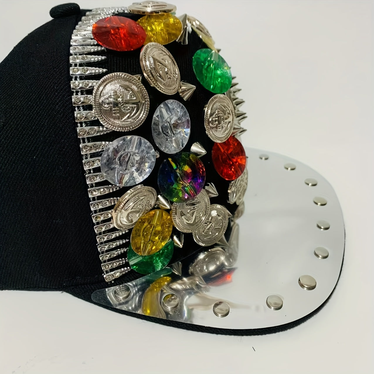 Handcrafted Rivet Studded Fashion Baseball Cap - Lightweight Polyester, Casual Street Style with Colorful Gemstones and Skull Motif for Dance and Performance