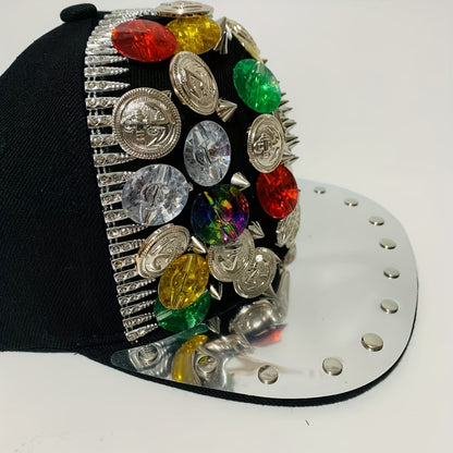 Handcrafted Rivet Studded Fashion Baseball Cap - Lightweight Polyester, Casual Street Style with Colorful Gemstones and Skull Motif for Dance and Performance