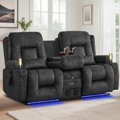 Power Loveseat Recliner Sofa, Home Theater Seating RV Couch with Massage and Heat, Flipped Backrest Console, LED Light, USB Outlets, Velvet