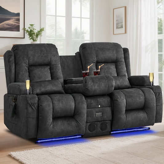 Power Loveseat Recliner Sofa, Home Theater Seating RV Couch with Massage and Heat, Flipped Backrest Console, LED Light, USB Outlets, Velvet