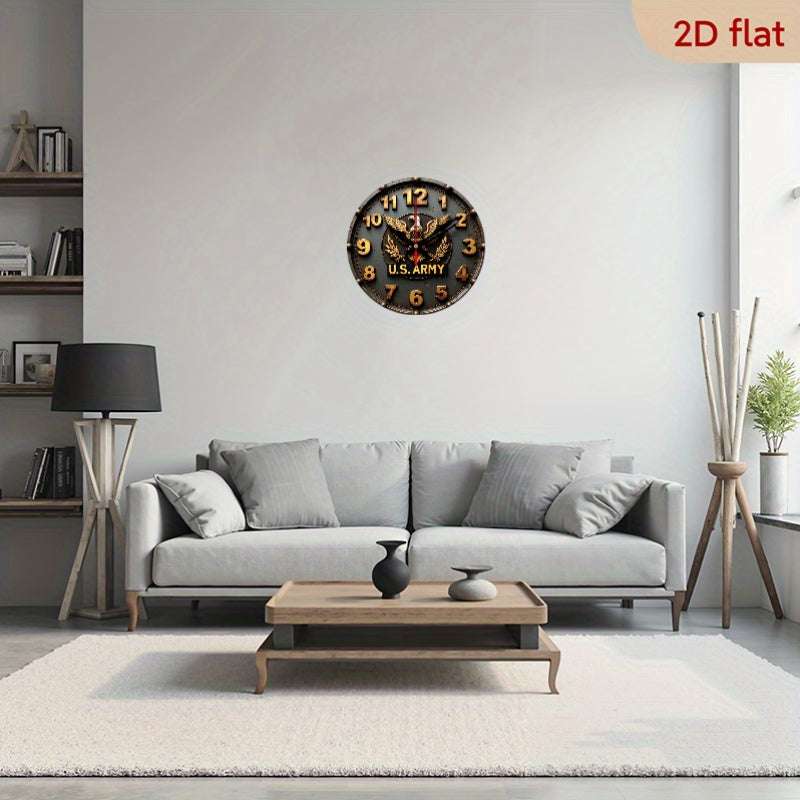 9.8" U.S. Army Silent Wall Clock - 2D Flat Printed Eagle Olive Branch Design, Artificial Wood Quartz Battery Operated (AA), Non-Luminous Military-Themed Home Decor for Living Room, Bedroom, Coffee Area, Clock for Living Room,