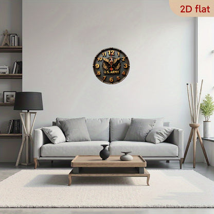 9.8" U.S. Army Silent Wall Clock - 2D Flat Printed Eagle Olive Branch Design, Artificial Wood Quartz Battery Operated (AA), Non-Luminous Military-Themed Home Decor for Living Room, Bedroom, Coffee Area, Clock for Living Room,
