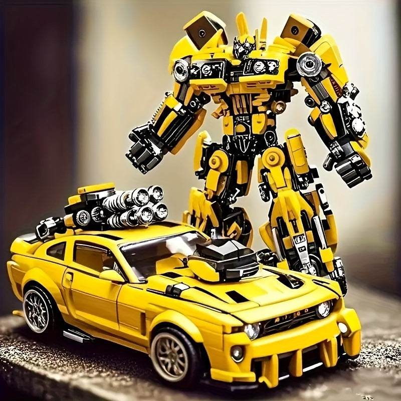 1 Set (2-in-1) Building Blocks Car Model Kit with Transforming Robot/Car - Heavy-Duty ABS Construction, Challenging Building Blocks Set with Moving Parts, Yellow & Black Building System with Clear Display Mode - STEM Learning