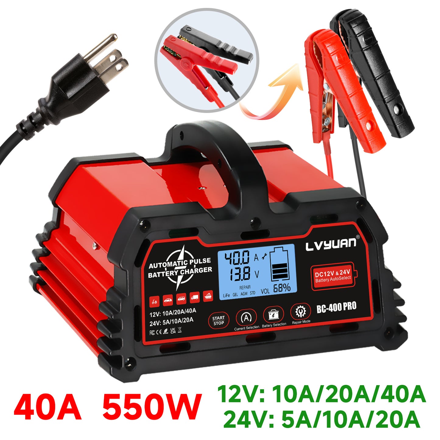 Lifepo4 Battery Charger, 40 Amp Car Battery Charger, Fully Automatic Car Battery Charger for Lead-Acid Batteries (12V/24V) and Lithium Iron Phosphate Batteries (12V), Smart Trickle Charger, AGM Deep Cycle Battery Charger, Sui