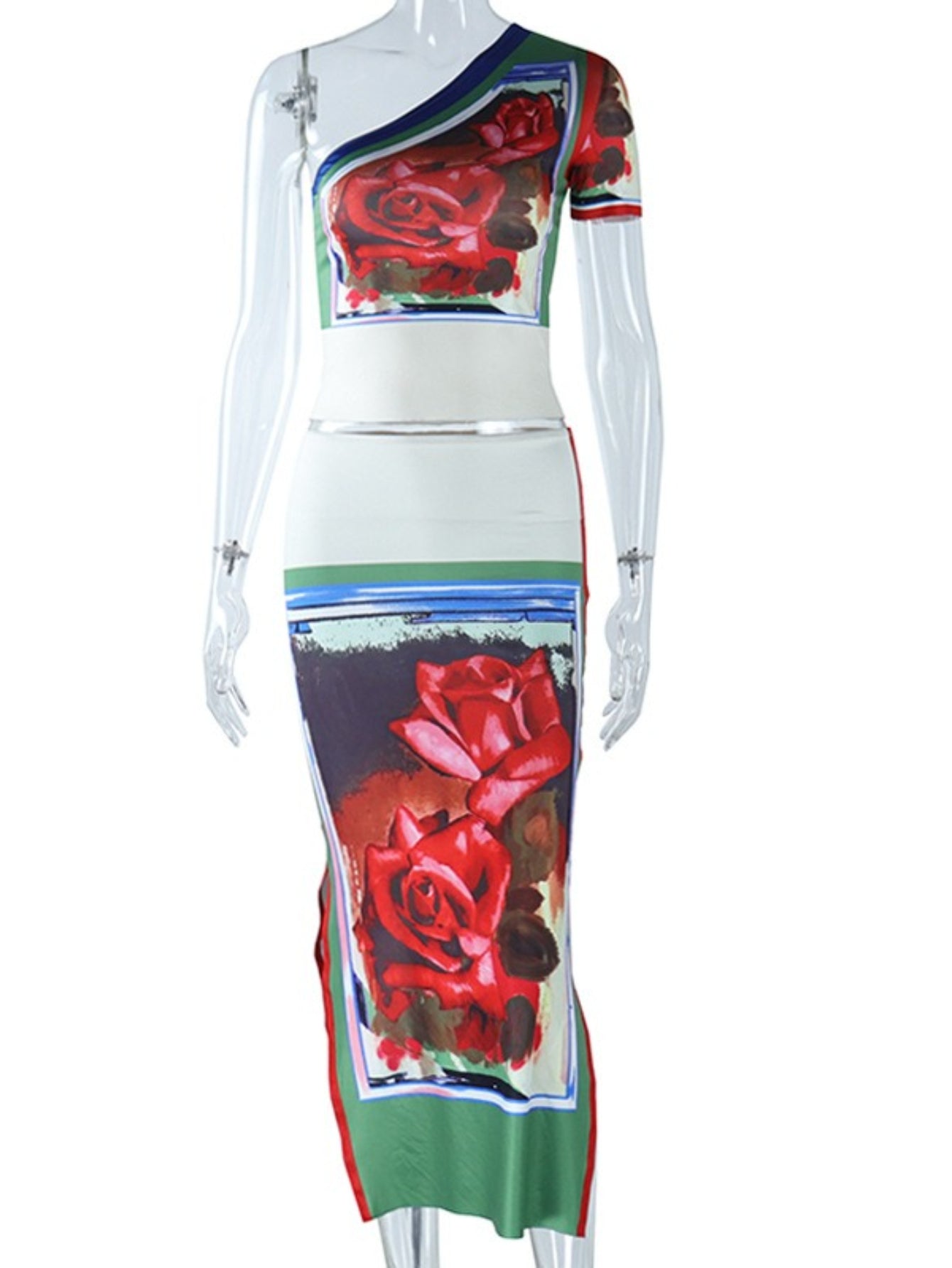 ARTPAGE Summer Fashion Print Sexy Off-Shoulder One-Shoulder Sleeve Hip Wrap Skirt Two-Piece Set Women'S Dress