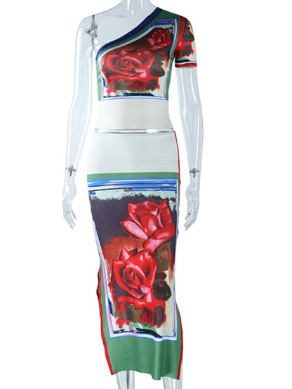 ARTPAGE Summer Fashion Print Sexy Off-Shoulder One-Shoulder Sleeve Hip Wrap Skirt Two-Piece Set Women'S Dress