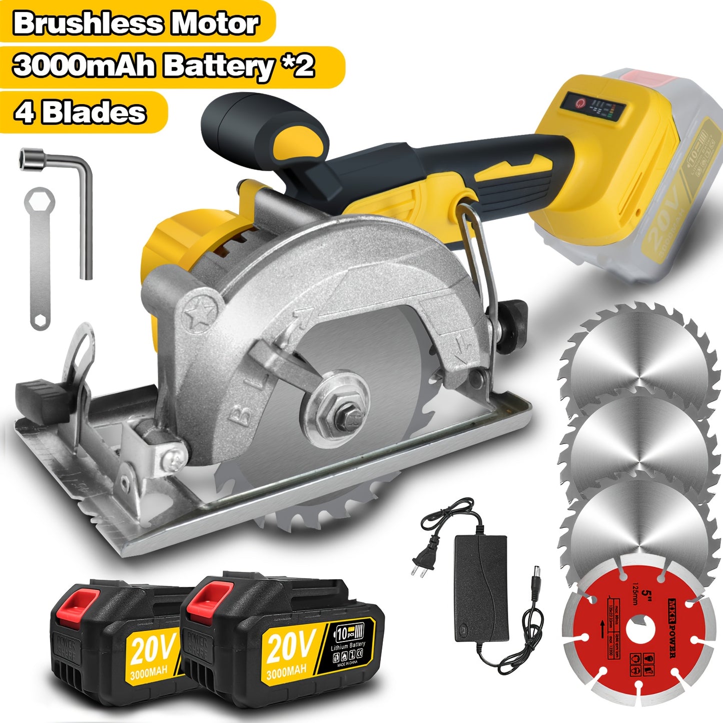 5 Inch Brushless Cordless Circular Saw, 2*3Ah Battery Powered, Adjustable Depth And Angle (0-45°), Four 5-inch Saw Blades, 6900RPM Power Wood Saw with Brushless Motor & Dijital Display, Portable for Wood, Metal, DIY Projects