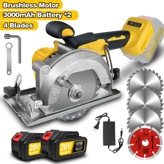 5 Inch Brushless Cordless Circular Saw, 2*3Ah Battery Powered, Adjustable Depth And Angle (0-45°), Four 5-inch Saw Blades, 6900RPM Power Wood Saw with Brushless Motor & Dijital Display, Portable for Wood, Metal, DIY Projects