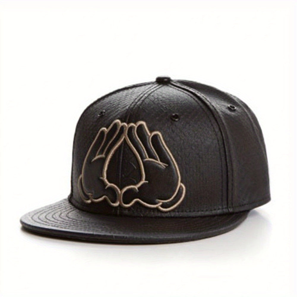 Women's Black Statement Fashion Double Hand Design Flat Brim Baseball Cap with Golden Hands & Praying Hands Emblem - Adjustable Snapback,, -like Texture for Outdoor Sports, Travel, Street Dance - Stylish & Functional Casual H