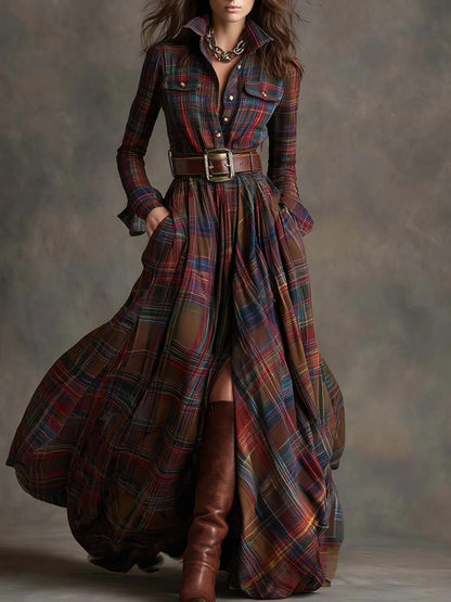 Women'S Autumn-Winter French Retro Elegant Literary Plaid Lapel Maxi Dress | Long Sleeve, Button Details, Vintage Style