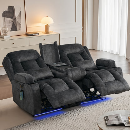 Power Loveseat Recliner Sofa, Home Theater Seating RV Couch with Massage and Heat, Flipped Backrest Console, LED Light, USB Outlets, Velvet