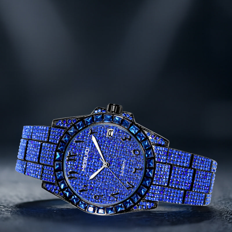 1pc Men'S Luxury Blue Steel Strap Watch - Gorgeous Starry Sky Tourbillon Mechanical Movement, Round Dial with Date Display, Alloy Case & Strap, No Battery Needed, Elegant Timepiece for Casual Attire, Formal Accessory, Sophist