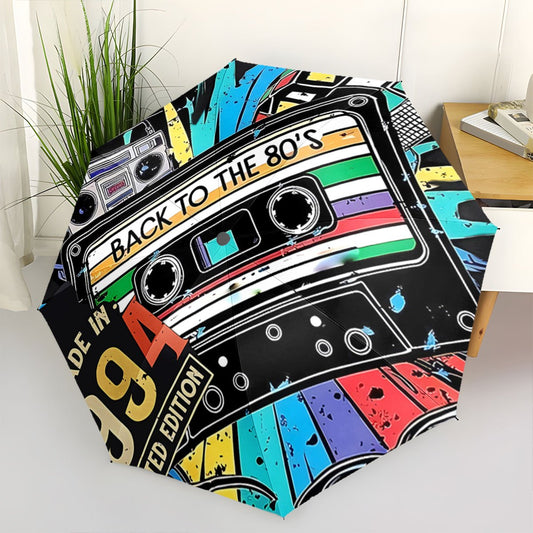 Automatic Open/Close Umbrella with Vintage Cassette Tape Design - Retro 80s Music Fan Gift, Compact Folding Umbrella with One-Touch Button, Portable All-Season Outdoor Umbrella for Men & Women (Birthday/Christmas Present) - D