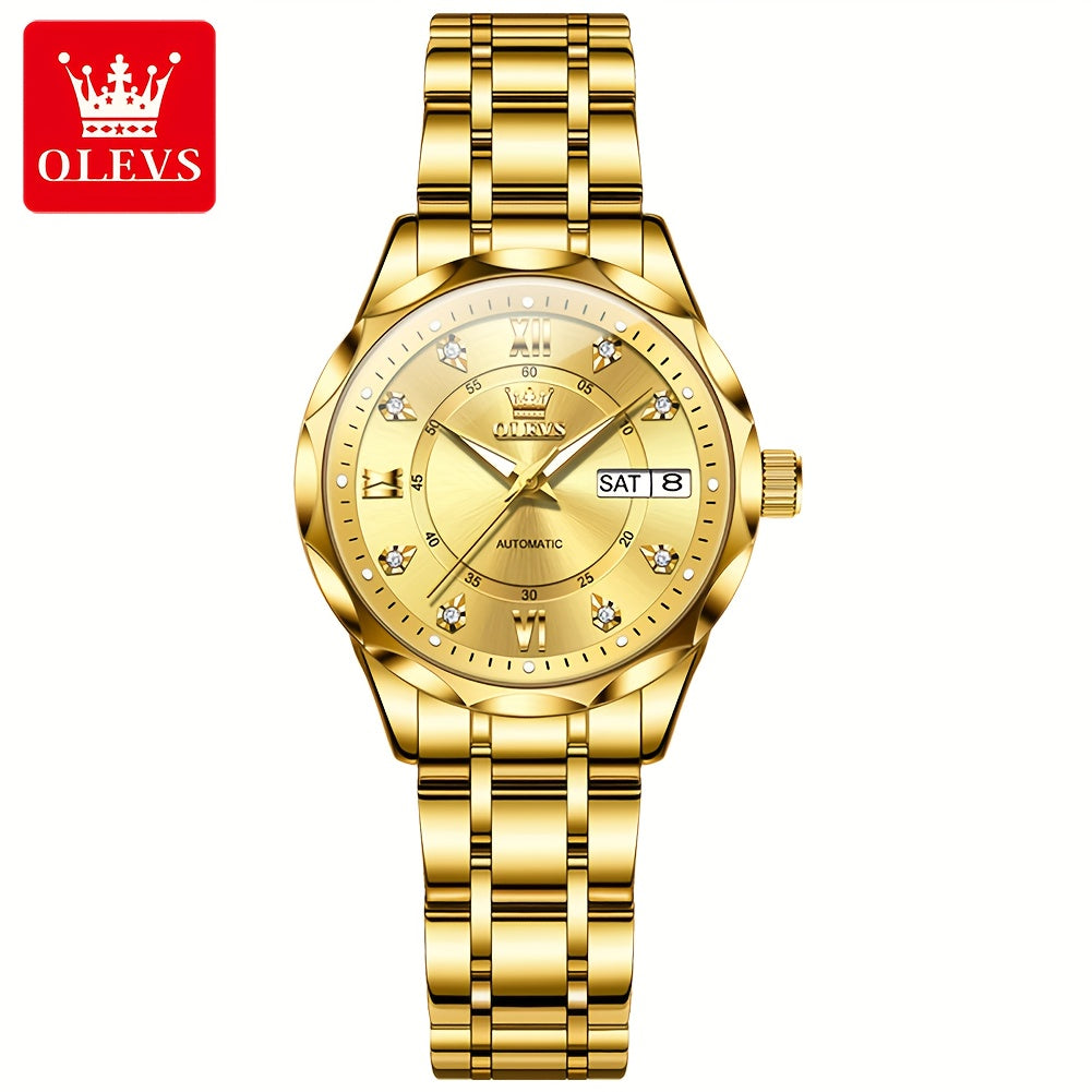 OLEVS Women'S Stainless Steel Automatic Mechanical Watch with Luminous Hands & Chronograph - Golden-Tone Elegant Round Watch, High Quality (Not), Luxury Analog Wristwatch for Women, No Battery/Easy Maintenance, Durable Everyd