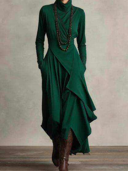 Plus Size - HERTALK Women'S Solid Color Long-Sleeved Cross High-Neck Dress Long Dress