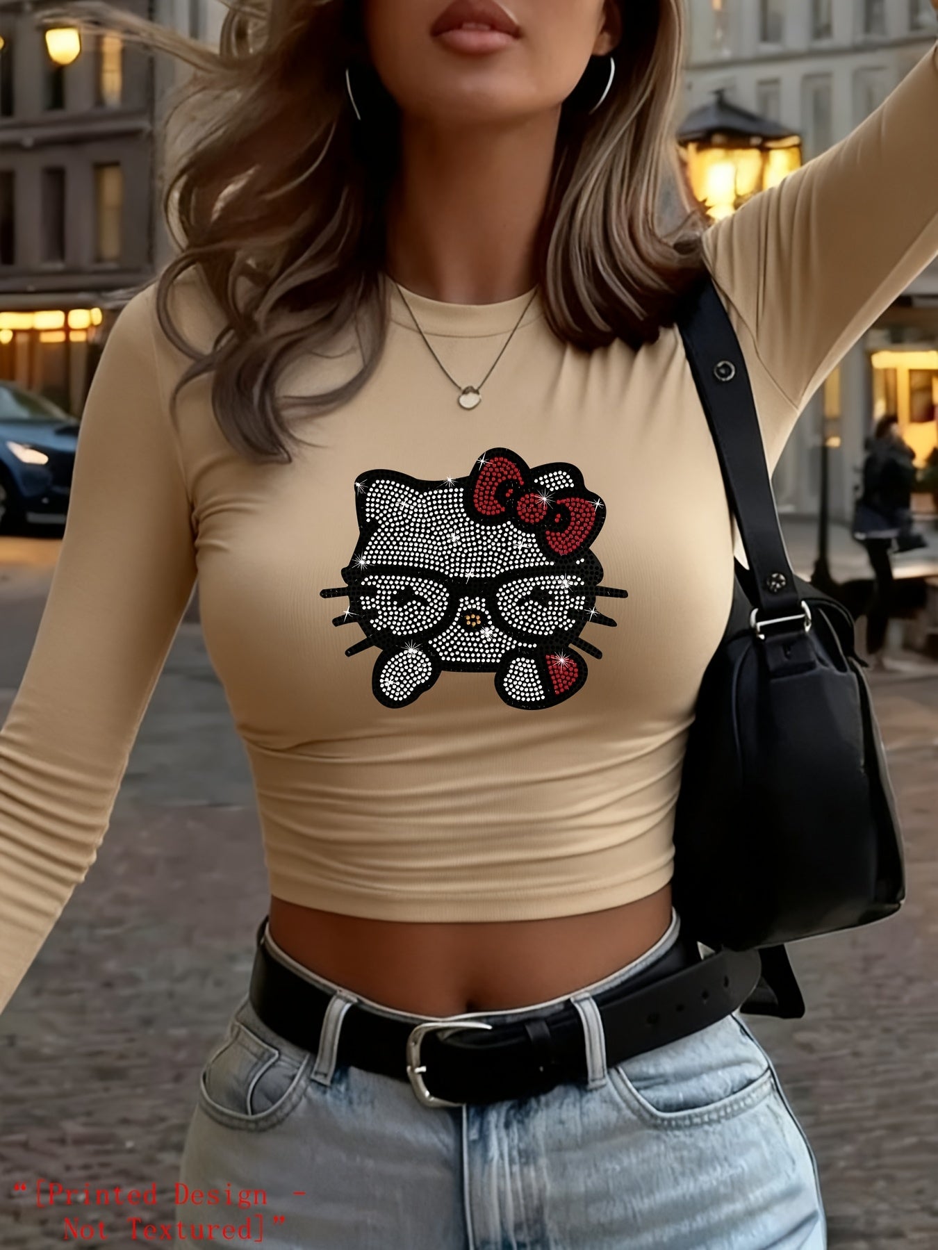 [Printed Design – Not Textured] HELLO KITTY Classic IP Collaboration Autumn/Winter Women's Y2K Long-Sleeve High-Waist T-Shirt. Features Sanrio All-Star Kitty, Pompompurin, Kuromi, and My Melody Print Designs. Cute, Sweet, a