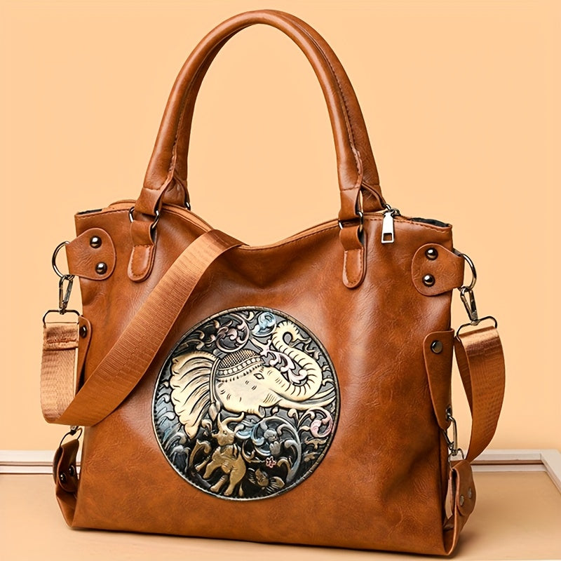 Women'S Large Capacity Tote Bag with Adjustable Strap - Elegant Black & Golden Animal Print (Elephant, Leopard, Lion, Tiger, Dragon) - Durable Synthetic Faux Leather-like Texture, Spacious Everyday Purse for Work, Travel, Ver