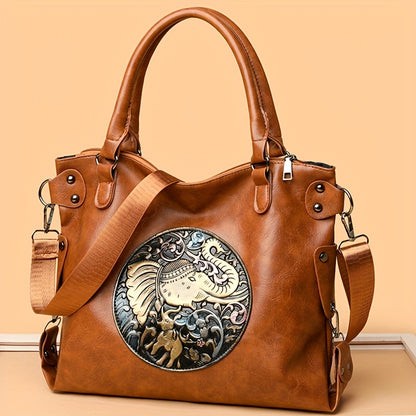 Women'S Large Capacity Tote Bag with Adjustable Strap - Elegant Black & Golden Animal Print (Elephant, Leopard, Lion, Tiger, Dragon) - Durable Synthetic Faux Leather-like Texture, Spacious Everyday Purse for Work, Travel, Ver