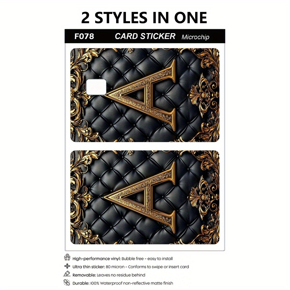 Luxury Faux Leather Texture Letter A Sticker Set, Black Golden Color, Tech Feel, 2pcs Durable Privacy Stickers Made of PVC Material, Suitable for Credit Cards, Transportation Cards, Debit Cards, etc., Scratch-Resistant, Remov