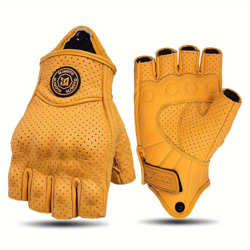 Men & Women' Retro Motorcycle Half-Finger Gloves - Yellow Breathable Riding with Hook-and-Loop Closure, Suitable for Motorbike, Dirt, Scooters, Commuting - Half-Finger for Throttle