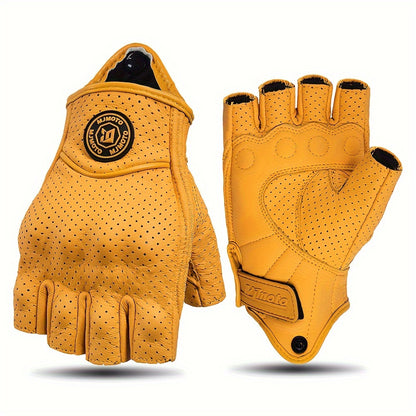 Men & Women' Retro Motorcycle Half-Finger Gloves - Yellow Breathable Riding with Hook-and-Loop Closure, Suitable for Motorbike, Dirt, Scooters, Commuting - Half-Finger for Throttle