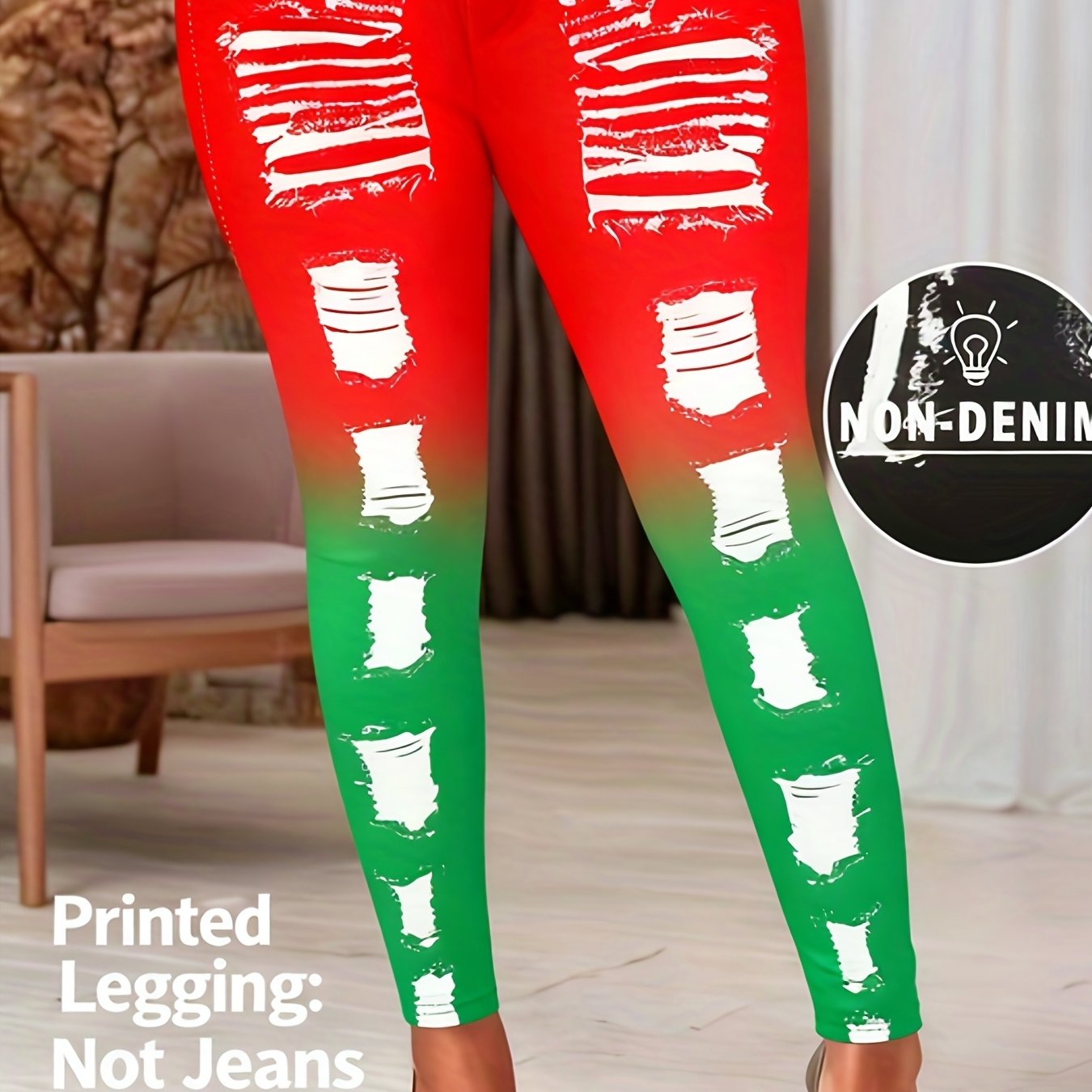 [Printed Pants - Not Denim Fabric] Printed Legging - Not Denim Fabric - Christmas Plus Size Women's Digital Print Denim-Look Leggings, Stretch Polyester, All-Season Casual Slim-Fit Pants, Regular Fit, Adult Sizes, Machine Was
