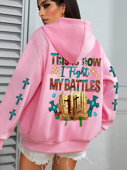 Women's Christian Bible Verse Hooded Sweatshirt "This Is How I Fight My Battles" with Cross & Prayer Hands Print - Winter Warm Hoodie, Long Sleeve Religious Apparel for Church, Prayer Meeting & Christmas (Gray) - Casual Faith