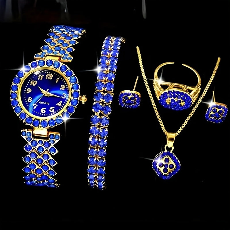 6pcs Set Luxury Women's Watch & Jewelry Set with Sparkling Blue Rhinestone Quartz Watch, Matching Bracelet, Earrings, Necklace & Ring - Elegant Gift Set for Weddings, Parties, Special Occasions (Alloy Case/)