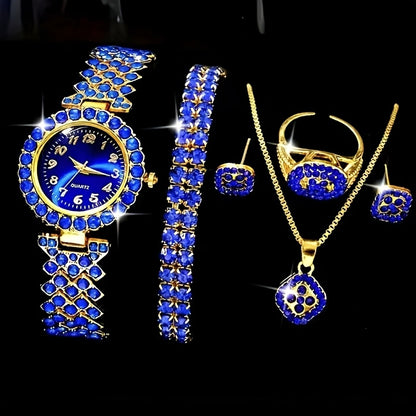 6pcs Set Luxury Women's Watch & Jewelry Set with Sparkling Blue Rhinestone Quartz Watch, Matching Bracelet, Earrings, Necklace & Ring - Elegant Gift Set for Weddings, Parties, Special Occasions (Alloy Case/)