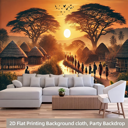 2D Flat, 1pc African Sunset Village Party Banner - 71x91 Inch Durable Polyester Backdrop with Vibrant African Landscape Design, No Power Needed, Easy to Hang for Living Room, Bedroom, Office, Outdoor Decor, Perfect for Weddin
