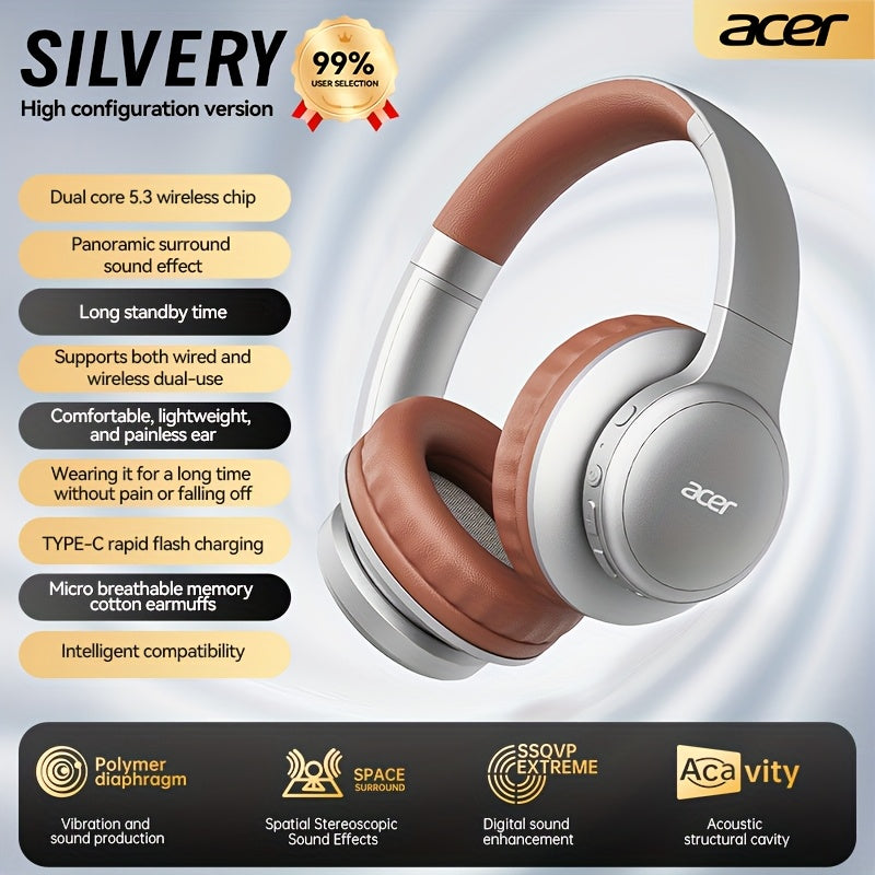 [Hi-Fi Acer Headphones] Acer OHR559 Over-Ear Headphones | Hi-Fi Heavy Bass, 60h Ultra-Long Battery Life, Wireless & Wired Dual Mode, Low-Latency Gaming, Extra-Large Diaphragm, Comfortable Fit