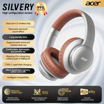 [Hi-Fi Acer Headphones] Acer OHR559 Over-Ear Headphones | Hi-Fi Heavy Bass, 60h Ultra-Long Battery Life, Wireless & Wired Dual Mode, Low-Latency Gaming, Extra-Large Diaphragm, Comfortable Fit