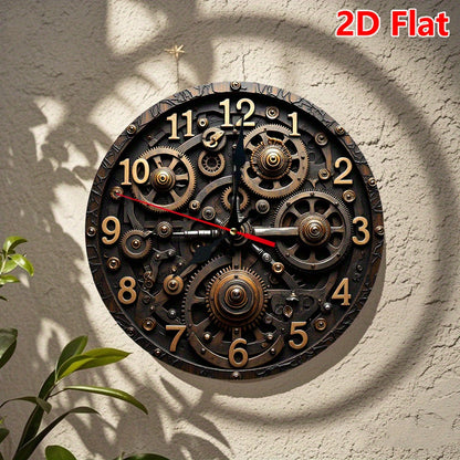 10 Inch Steampunk Wall Clock with Gears & Cogs - Silent Non-Ticking Movement, Large Black & Golden Roman Numerals, 2D Flat Round Battery Operated Clock for, Office, Kitchen, for Cave - Style Decorative Timepiece, 2D Flat