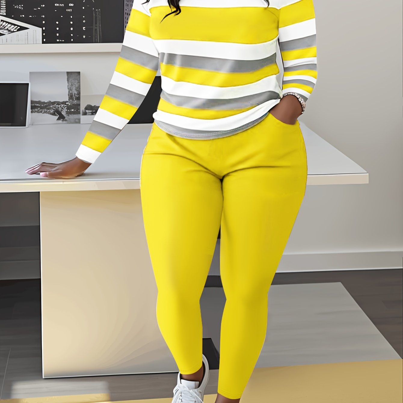 Unique Women's Striped Casual Set- Green And White, Long Sleeve Round Neck Top And Pants with Pockets, Weight Polyester Blend, Machine Washable, Comfortable Clothing| Pants| Polyester Blend