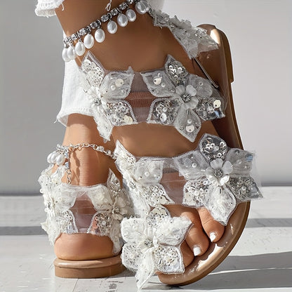 Adorable Summer Flip Flops Featuring Pearl Flower Sequins And Rhinestones - Anklet Sold Separately.
