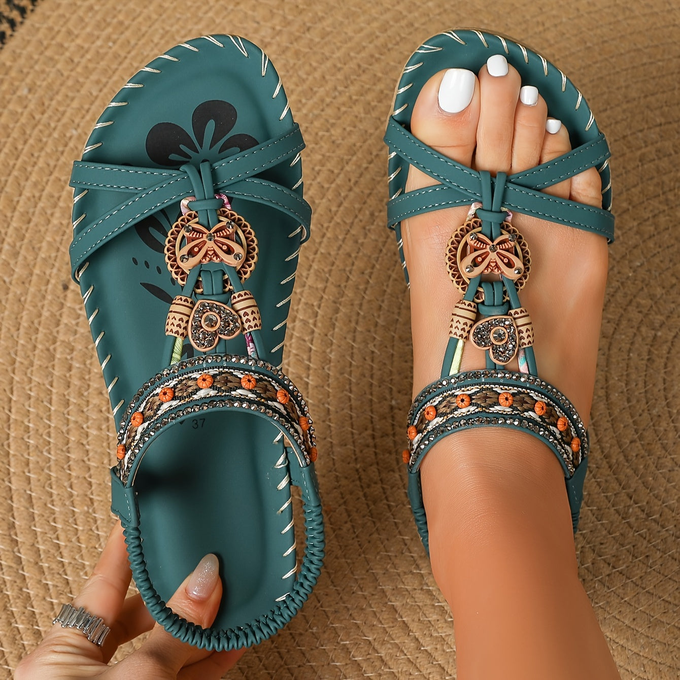 Tribal Style Striped Flats for Women, Summer Beach Sandals with Rhinestone Accents, Open Toe Slip-on with TPR Sole, Bohemian Casual Vintage Flat Heel Shoes - Huizhou Production