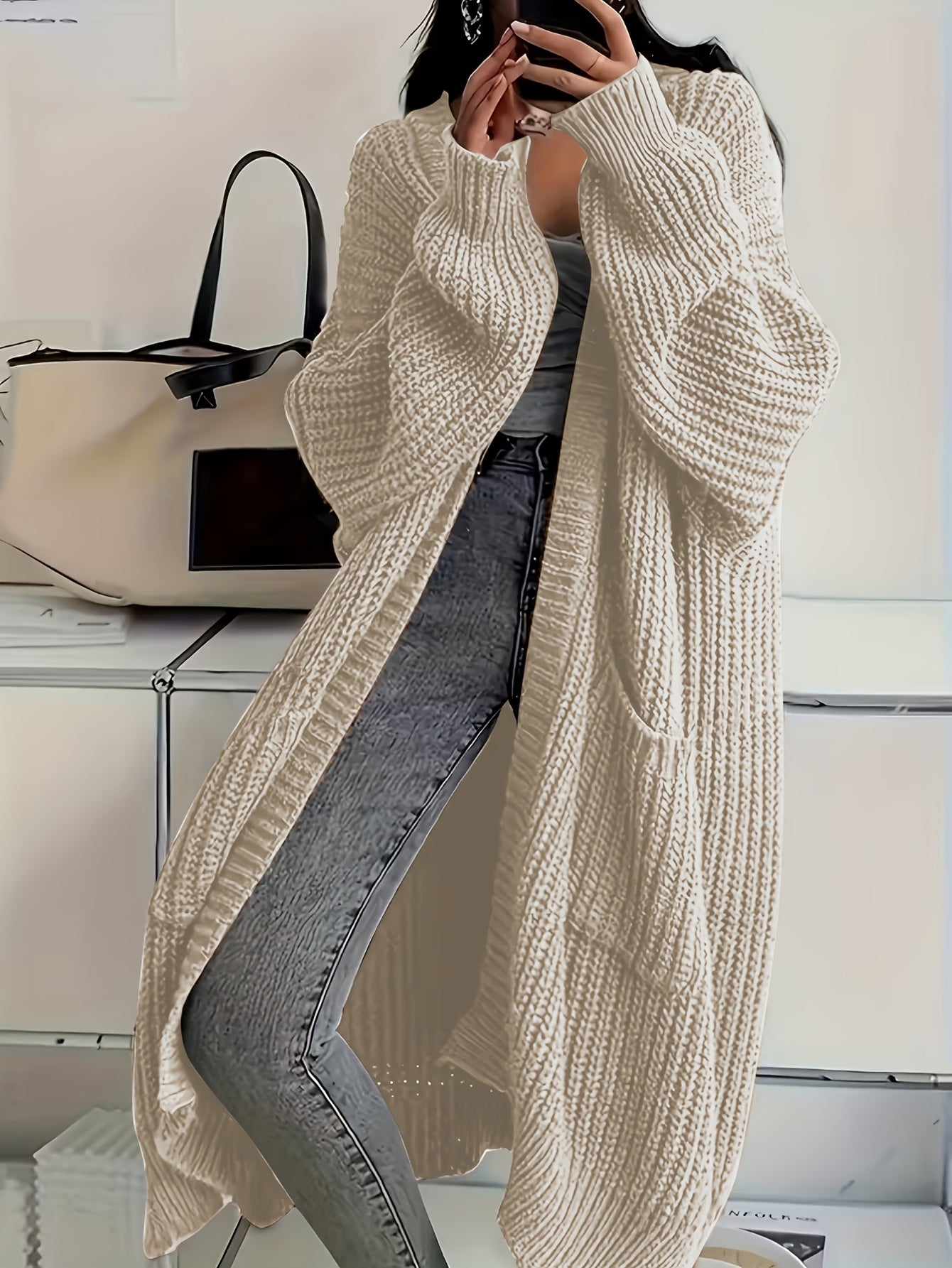 Plus Size, Solid Color Plus-Size Women's Long Pocket Cardigan Loose Over-the-Knee Sweater Coat Fashion Versatile Outerwear