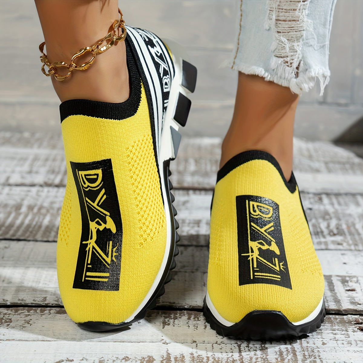 BYZI Women'S & Unisex-Like Slip-On Sneakers - Lime Green/Black/Grey Breathable Mid-Top Sneakers with Arch Support & Shock-Absorbing Cushioning, Casual & Casual Attire, Ladies Sneakers, Stylish Slipons, Comfortable Fit, Lightw