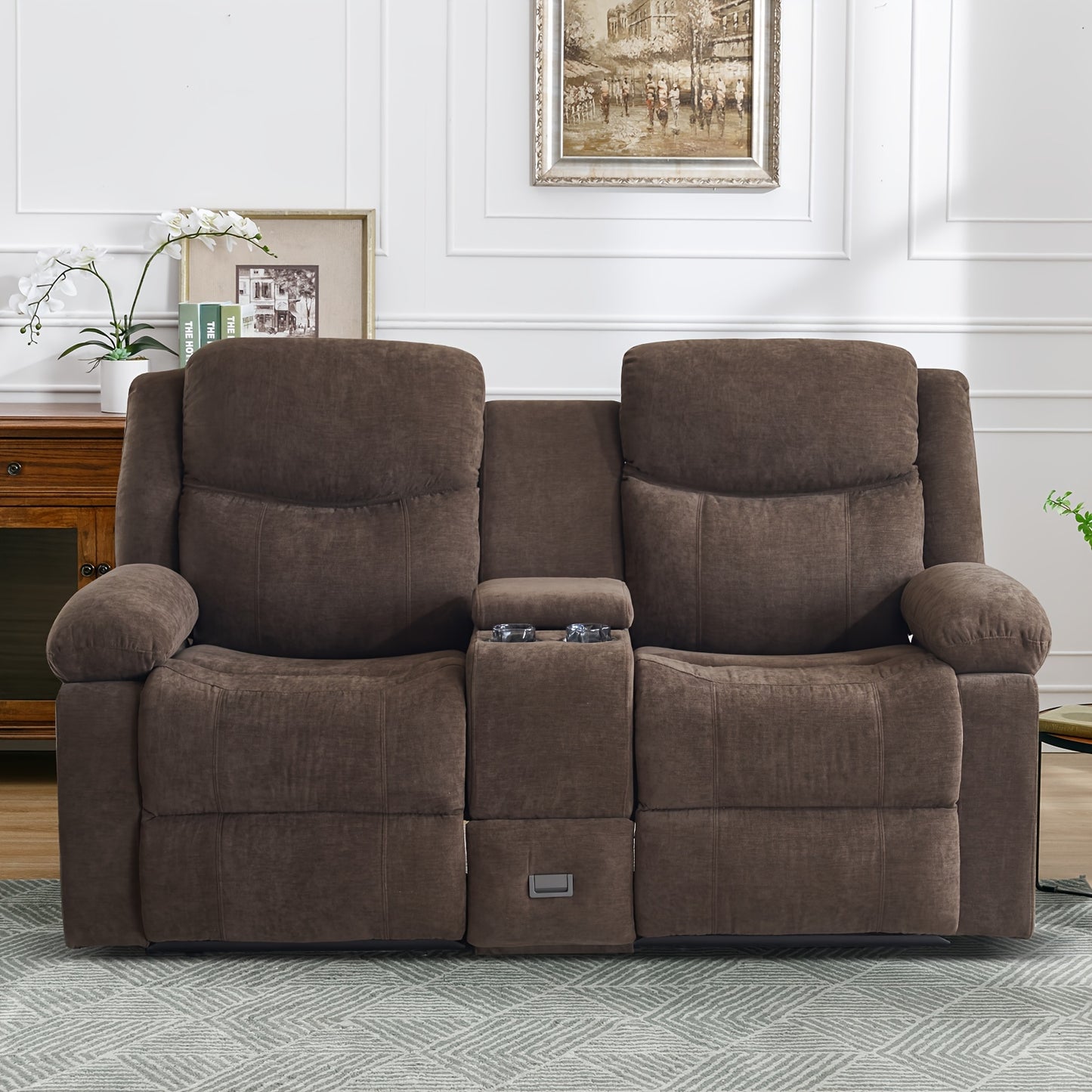 Consofa Loveseat Recliner Sofa - Manual Recliner Loveseat With Console, Modern Chenille Sofa Sleeper Deep Couches With Cup Holders And Side Pocket - Brown - For Living Room/Office/Apartment - Perfect for Relaxation and Entert