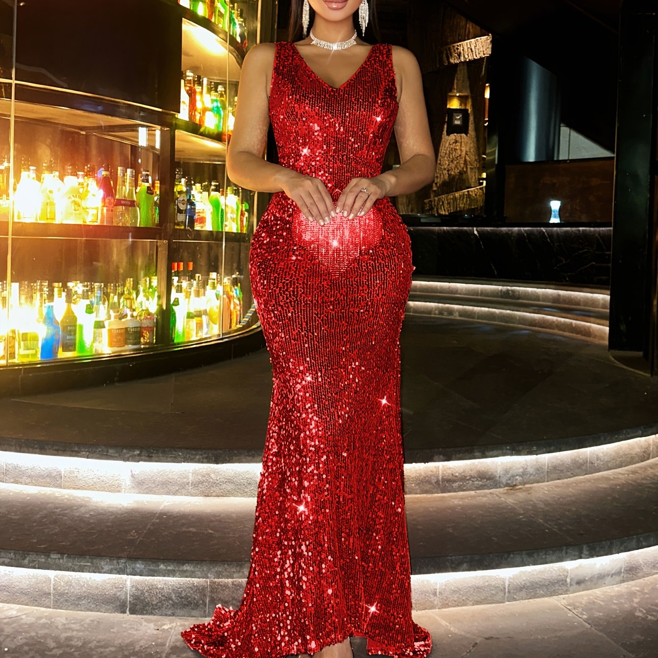 New Sequin Women's Long Dress, Gorgeous Elegant Evening Party Formal Wear Slim High-Waisted Off Shoulder Backless Bridal Wedding Guest Outfit for Travel Music Festival Banquet