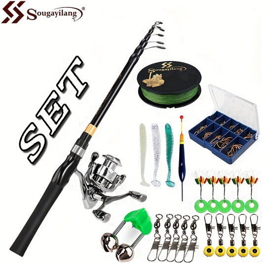 SOUGAYILANG Heavy-Duty Carbon Fiber Fishing Rod & Reel Combo with 5.0:1 Gear Ratio Spinning Wheel, Medium Power Fast-Retraction Line System, Complete Lure Kit (Hooks, Beads) - All-in-One Freshwater Bass Pike Trout Fishing for