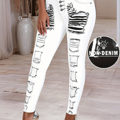 [Printed Pants - Not Denim Fabric] Printed Legging - Not Denim Fabric - Christmas Plus Size Women's Digital Print Denim-Look Leggings, Stretch Polyester, All-Season Casual Slim-Fit Pants, Regular Fit, Adult Sizes, Machine Was