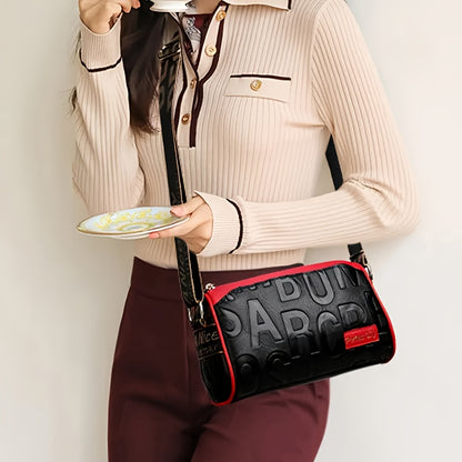 Casual  Crushed Lettering Handbag with Adjustable Strap & Zipper Closure - / Solid Color Multi-layer Shoulder Purse, Durable for,, Shopping