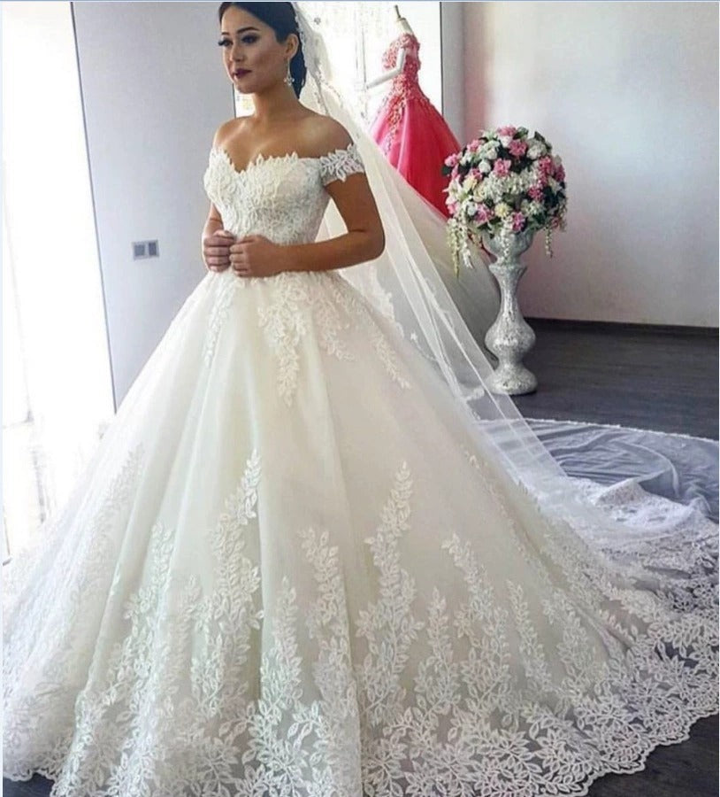 Sweep Train Wedding Dress | New White, Off the Shoulder, Fit and Flare, Elegant Style, Contrast Lace Detail, Perfect for Adult, Covering Belly for Pregnant Women