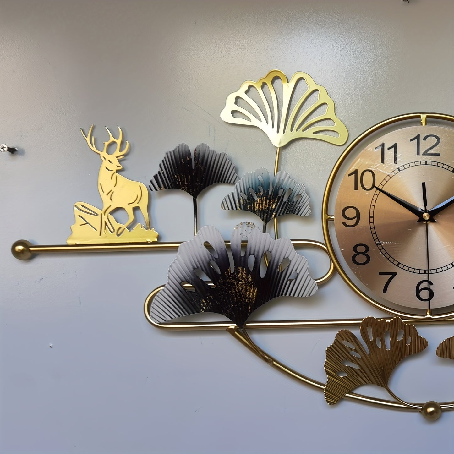 3D Creative Wrought Iron Wall Clock for Bedroom Living Room, 32.68in x 14.57in Ginkgo Leaf Silent Wall Clock, Wrought Iron Decor Gift, Large Black Golden Green for Dining Room